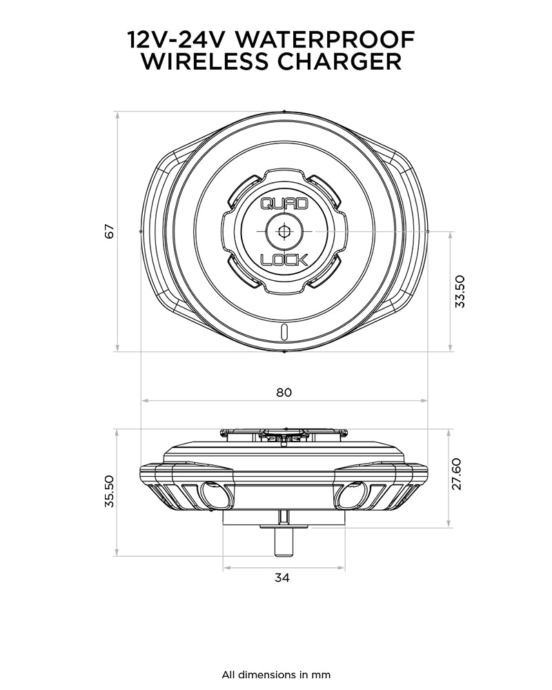 Quad Lock Motorcycle Weatherproof Wireless Charging Head 12V-24V